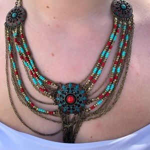 Gold Red and Blue Layered Necklace with Earrings